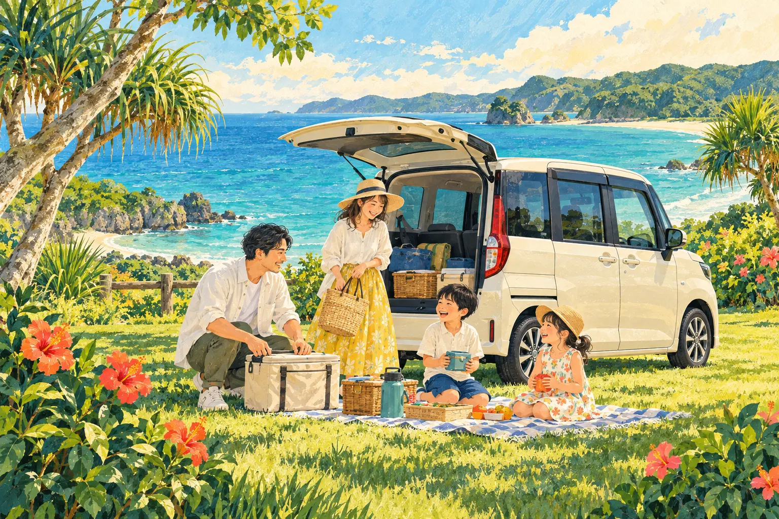 沖縄の海辺で、停車した車のそばでお出かけを楽しむ家族のイラスト